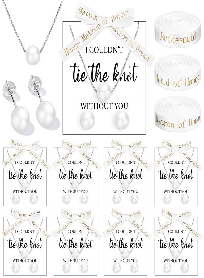 Highergo 8 Set Bridesmaid Proposal Gifts 8 Pcs Silver Pearl Necklaces 8 Pairs Earrings Wedding Bridesmaid Proposal I Couldn't Tie a Knot Without You Wedding Bridesmaids Jewelry Gifts - Image 1